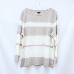 Talbots Beige and White Striped Crew Neck Sweater